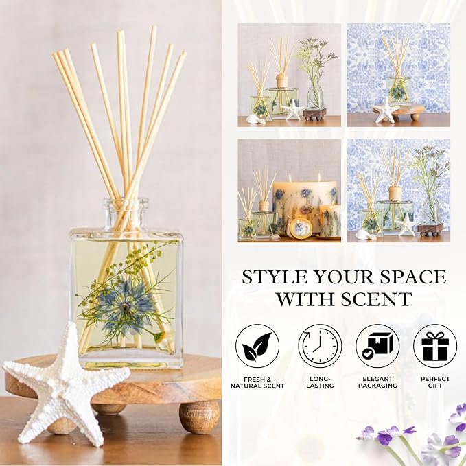 Rosy Rings Sea Salt Mist Accent Diffuser, Single Piece, 4 oz Last 4-6 Months Small Glass Reed with Floral Embedded Flowers Coastal Aroma, Bathroom Bedroom Livingroom Spa Decor Luxury Gift
