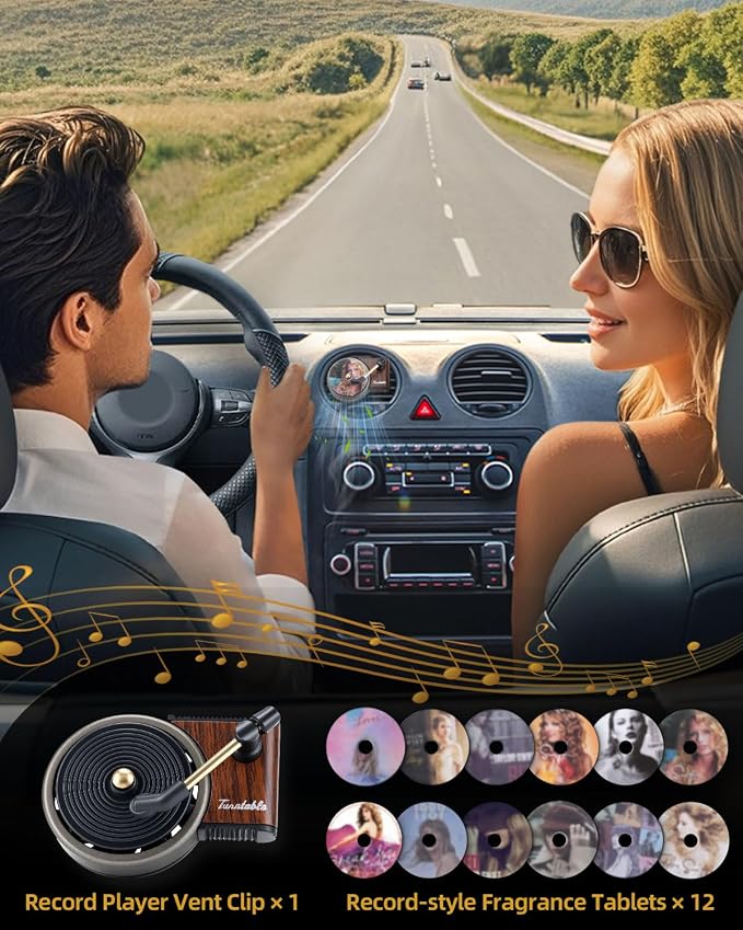 Record Player Car Air Freshener Vent Clip, 12PCS Vintage Album Style Refill Pads, Taylor Air Freshener Car Decor Accessories, Ocean Breeze Scent Air Fresheners for Car, Music Lovers Gifts