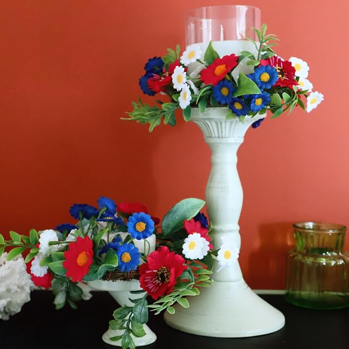 Independence Day Candle Ring 2 Pcs 3'' (Inner) 6'' (Outer) Diameter Floral Candle Rings Artificial Flowers Red-White-Blue Mini Wreaths Ideal Independence Centerpiece for Patroic Decor