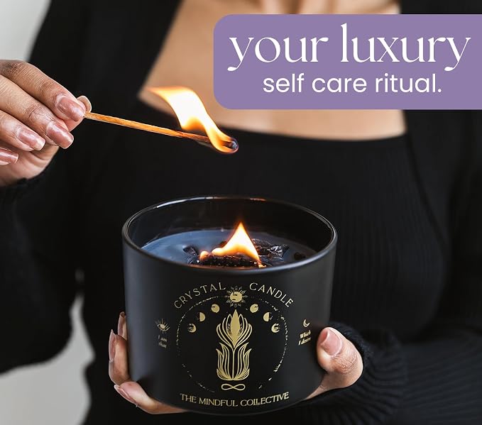 Large Candles for Women - 12oz Soy Wood Wick Candles that Crackle with Crystals and Healing Stones. Non-Toxic Scented, Luxury Aromatherapy (Crystal Black Candle)