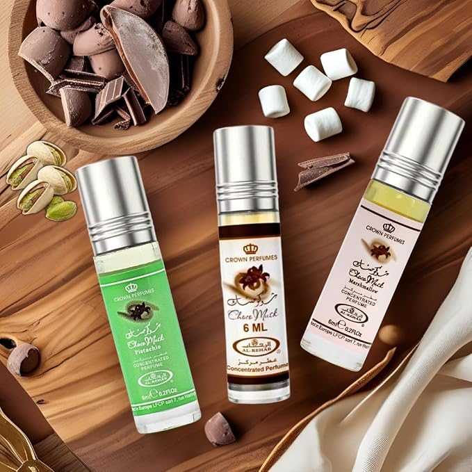 Al-Rehab Choco Musk Perfume Oils - Original, Marshmallow & Pistachio 6ml (0.2 oz) | Sweet Gourmand Fragrance | Chocolate, Vanilla, Fruity & Nutty Scents | Long-Lasting Roll-On Fragrance Oils (Bundle)