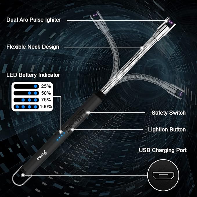 SUPRUS Electric Candle Lighter USB Type C Rechargeable Lighter Steel Shell & Hanging Hook with 360° Flexible Neck(Black, 3)