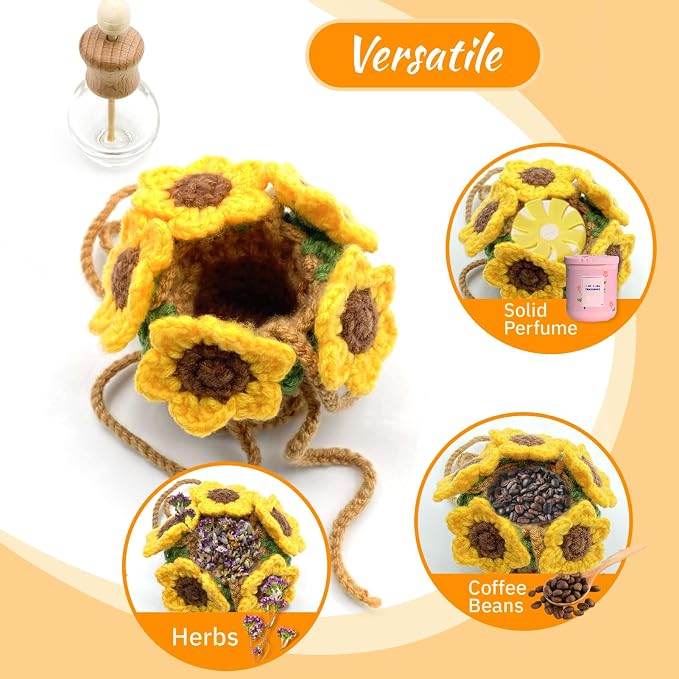 Crochet Car Air Freshener, 15ml Empty Refillable Oil Diffuser Bottle with Hanging Crochet Sunflower for Car Rearview Mirror Decor Air Freshener Diffuser for Home, and Office Decor(Sunflower)