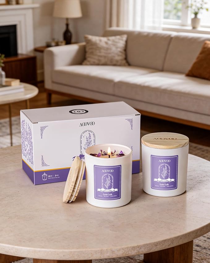 AOOVOO Lavender Scented Candle Set 2 Pack - Aromatherapy Candle with Crystals Inside, 20oz Soy Candles for Home Scented, Birthday Gifts Mothers Day Candle for Women Mom