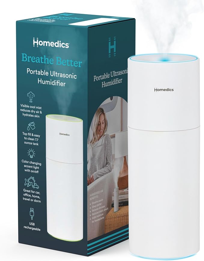 Homedics Portable Humidifier - Small Air Humidifiers for Bedroom, Plants, Office, Travel - Cool Mist Humidifiers, Color-Changing Accent Light, 2 Mist Settings, Matte White