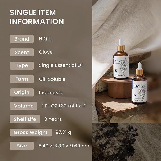 HIQILI Clove Essential Oil Set – 1 fl oz (12 Pack), with Stable Quality, Bulk Pack for Business, Ideal for Oral Care & Aromatherapy, Hotel, DIY Studio, Holiday Gifts & Home Use