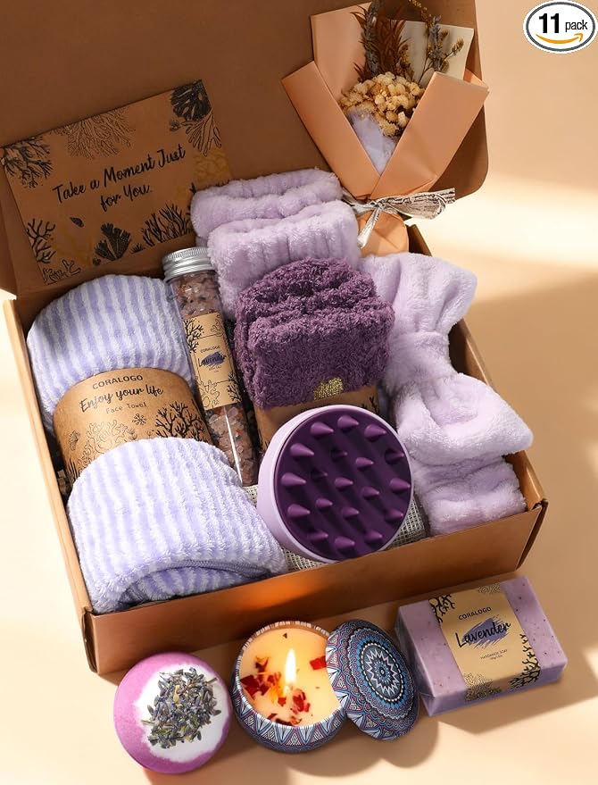 Lavender Spa Gift Baskets - Natural Pampering Spa Set, Self-Care Get Well Soon Thinking of You Basket,Thank You Gifts, Unique 11pcs Gift Set for Women Wife Mom Her Birthday
