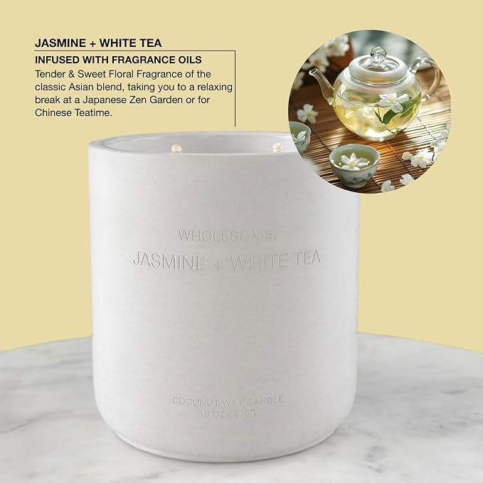WHOLESOME. Jasmine White Tea Scented Non-Toxic Candles for Home, 2 Wicks Natural Coconut Wax Candle Eco-Friendly, Luxury Aromatherapy Candles Stress Relief, 16 oz Large Concrete Jar, 90 Hours Burn