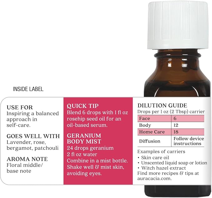 Aura Cacia 100% Pure Geranium Essential Oil | GC/MS Tested for Purity | 15 ml (0.5 fl. oz.) | Pelargonium graveolens