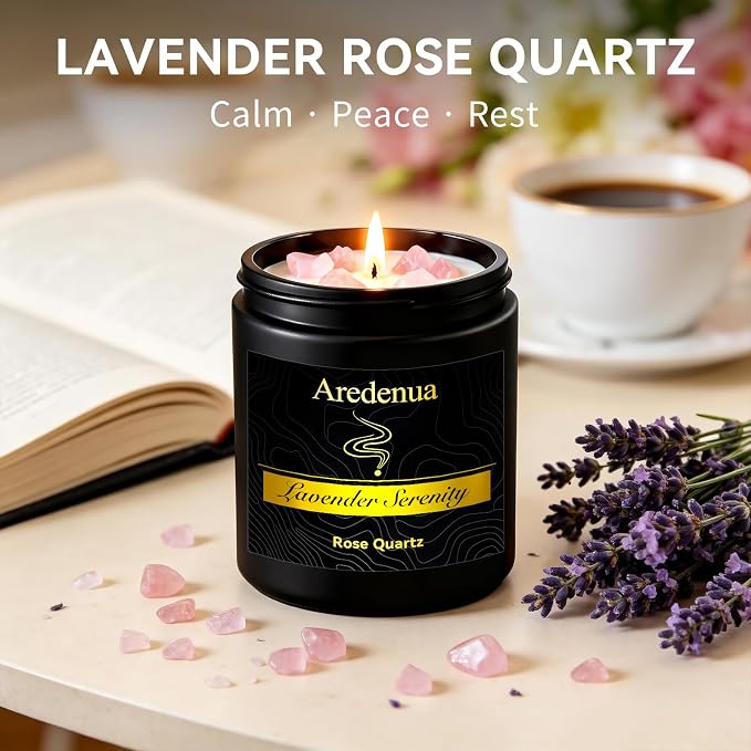 Lavender Candle for Sleep and Stress Relief, Rose Quartz Crystal Healing Candle with Natural Soy Wax, Scented Candle for Relaxation, 7oz Long Lasting 50 Hours, Calming Gifts for Women Men