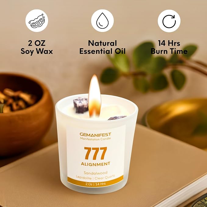 Angel Number 777 Manifestation Candle Crystal Infused Soy Wax with Lepidolite and Clear Quartz Sandalwood Scented Spiritual Gift for Alignment and Energy Clarity