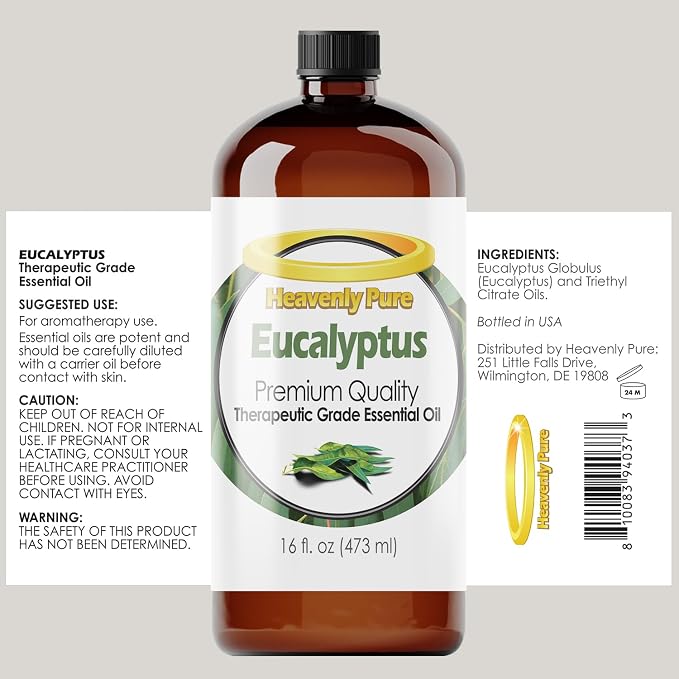 Heavenly Pure - Eucalyptus Essential Oil 16 oz Large Bottle for Spray, Diffuser, Humidifier - 473 ml