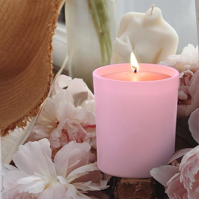 SHOWIN 10 OZ Thick Candle Jars for Making Candles 15 Pcs, Empty Jars with Wood Lids for Candle Making, Sample Container, Matte Pink