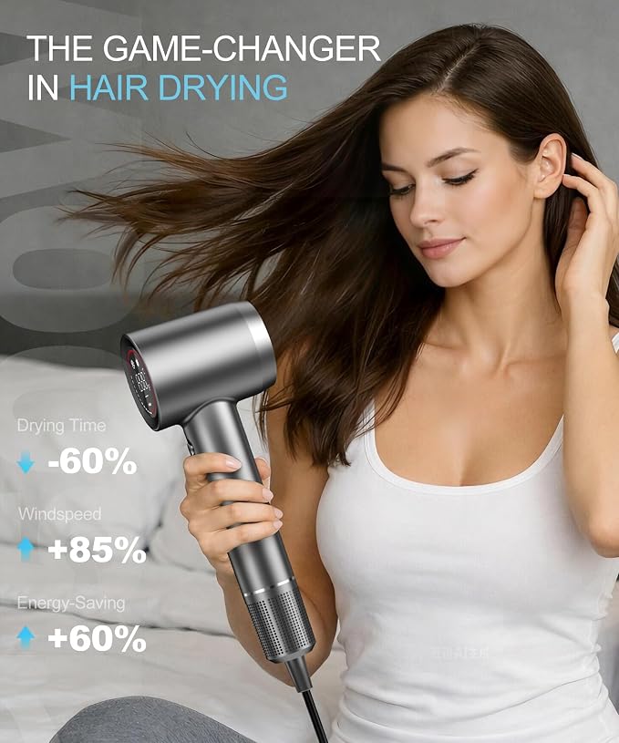 Cosy Companions Hair Dryer - Negative Ionic Blow Dryer with 150000 RPM High Speed Brushless Motor for Fast Drying, Low Noise, HD Display Hair Dryer with Diffuser and Nozzle, 5 Temps & 2 Speeds