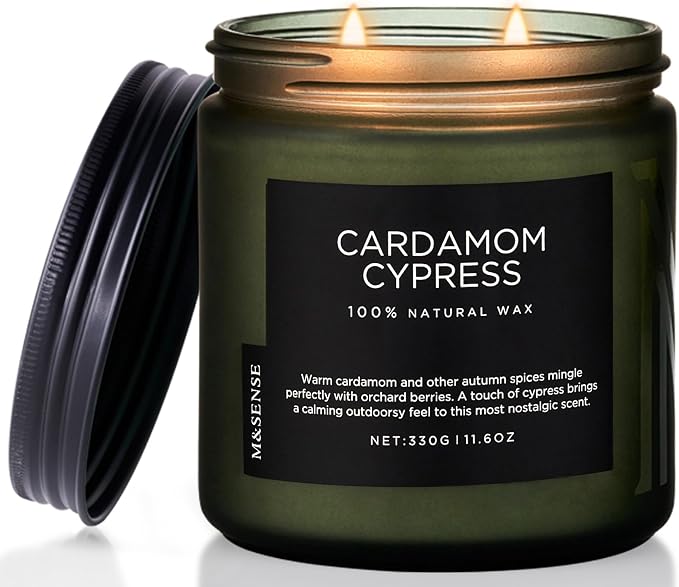 M&SENSE Cardamom Cypress Fir Large Scented Candles for Home 2 WIC 11.6oz 70 Hours Long Lasting Slow Burning Woody Scented for Birthday Holiday Gifts