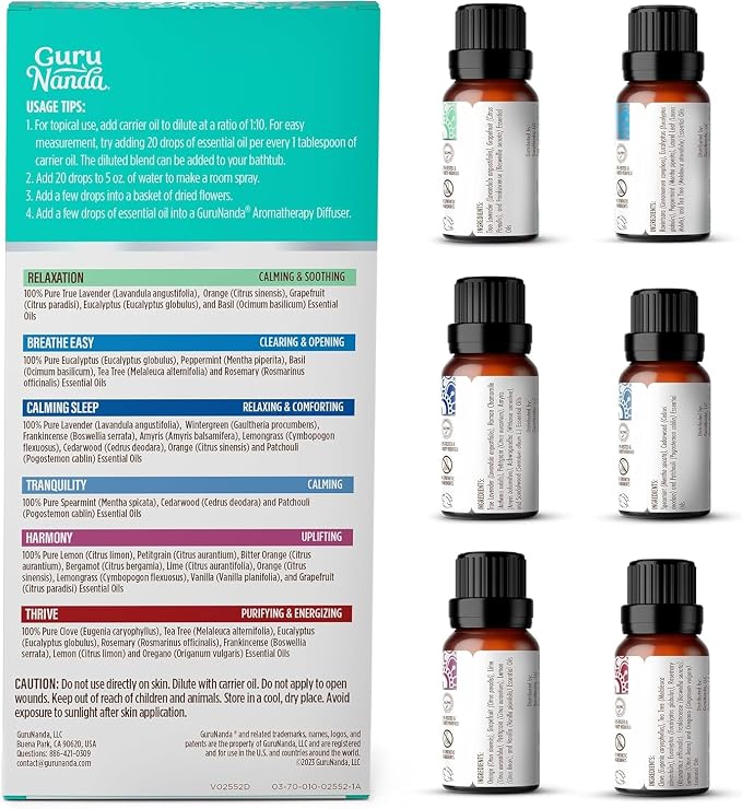 GuruNanda Essential Oil Blends – 6 Pack (10mL Each), Breathe Easy, Tranquility, Relaxation, Harmony, Calming Sleep & Thrive, Natural Aromatherapy Oils for Diffuser, Wellness & DIY