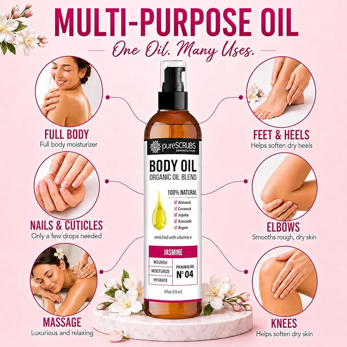 pureSCRUBS Ultra Moisturizing Jasmine Body Oil for Dry Skin, Lightweight Full Body Moisturizer for Soft, Silky Skin, Massage & Cuticle Oil, Vitamin E Enriched, 4 oz