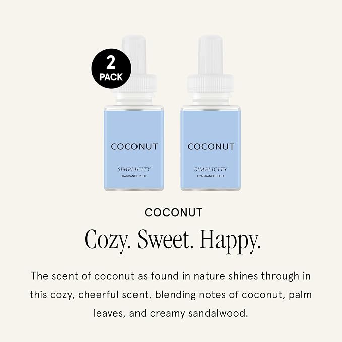 Pura & Simplicity Home Scent Refill - Smart Air Diffuser - Long-Lasting Luxury Fragrance per Refill - Home Essential - Clean & Safe Diffuser Fragrance - 2 Pack, Coconut
