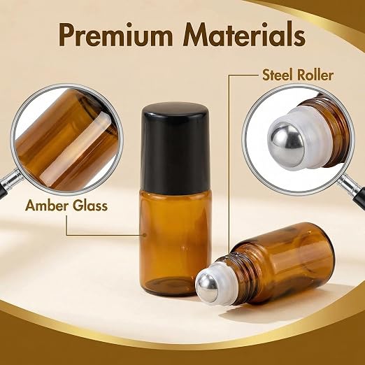 2ML 6PCS Essential Oil Glass Roller Bottles Mini Tiny Refillable Empty Aromatherapy Perfume Liquid Amber Glass Roll On Bottles Vials Metal Rollerball Bottles Jar
