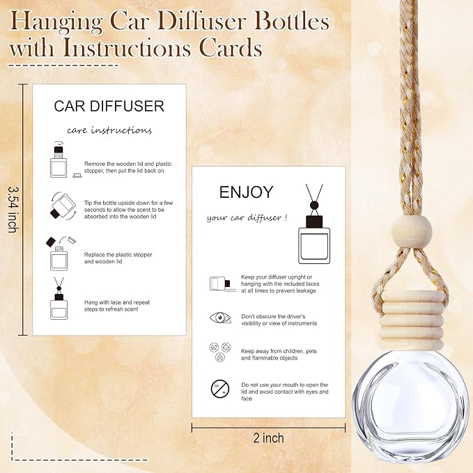 Boao 50 Sets Hanging Car Air Freshener Diffuser Bottles with 2 x 3.54 Inch Car Diffuser Instructions Cards for Empty Essential Oil Bottles(White Card,Round)