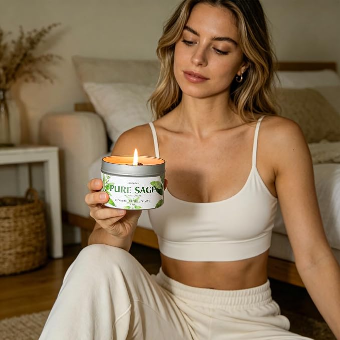 Pure Sage Candle for Cleansing - 4Pc Soy Scented Candle with Crystals & Sage Leaves Inside, House Negative Energy Kit, Spiritual Gift for Women