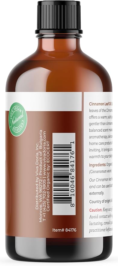 Viva Doria Cinnamon Leaf Essential Oil, USDA Certified Organic Cinnamon Leaf Oil, 100% Pure, Natural Essential Oil, Undiluted, for Aromatherapy | Food Grade, 118 mL (4 Fluid Ounce)