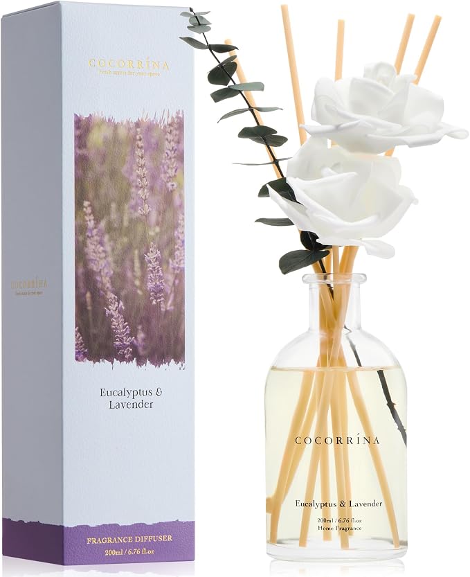 COCORRÍNA Reed Diffuser - Eucalyptus Lavender Scent, 6.76 fl oz Essential Oil with 8 Reed Sticks - Home Fragrance for Bedroom Bathroom Shelf Décor