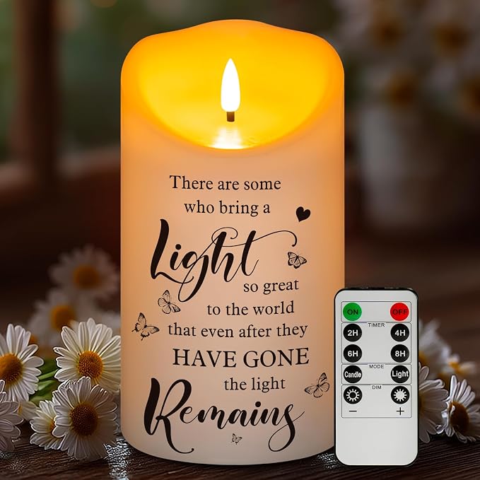 Flameless Memorial Candle, Real Wax LED Light with Remote Sympathy Bereavement Gifts for Loss of Loved One Sympathy Candles for Loss of Mother Father Mom Dad Son Remembrance Gifts (4" x 7")