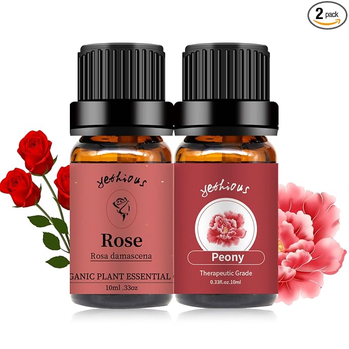 yethious Rose Essential Oil Organic Flower Natrual Peony Essential Oil for Diffuser, Skin Care, Soap/Candles Making - 2 X 10ML Essential Oil Set Gift
