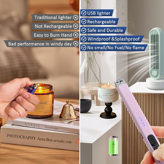 Elegant Electric Candle Lighter for Women with USB-C Charging, Portable and Easy to Use, Stylish Arc Lighter for Candles (Pink)