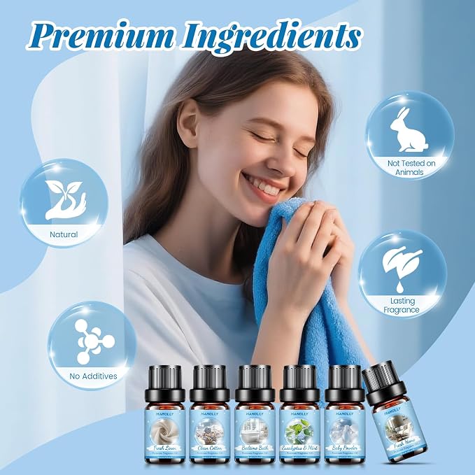 Essential Oils Set, Clean Scents Fragrance Oil Aromatherapy Essential Oils Kit for Diffuser (6x10ML) - Baby Powder, Bedtime Bath, Clean Cotton, Eucalyptus & Mint, Fresh Home, Fresh Linen Scented Oil