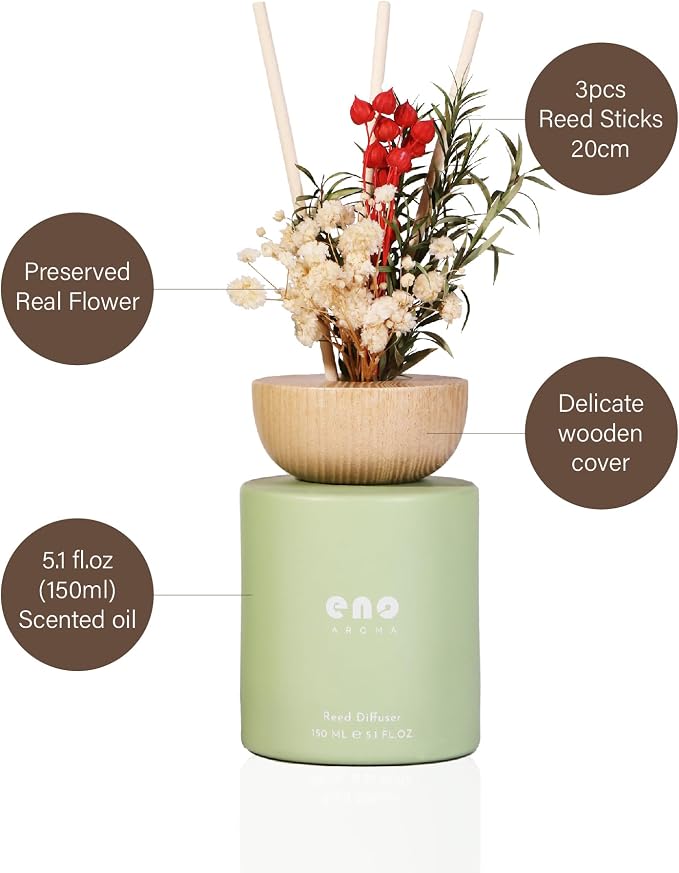 Reed Diffuser Set with Dried Flowers, 5.1 fl oz / 150ml, Moso Bamboo - Home Fragrance Diffuser with Sticks for Bathroom Shelf Decor, Bedroom, Office & Gift