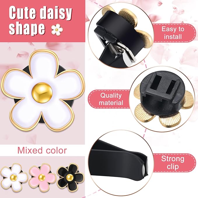 Frienda 6 Pcs Daisy Flower Air Vent Clip Accessories Air Conditioning Outlet Clip Car Air Freshener Dashboard Accessories Charm Car Inter Decor(3 cm, 3.3 cm,Black, Pink, White)