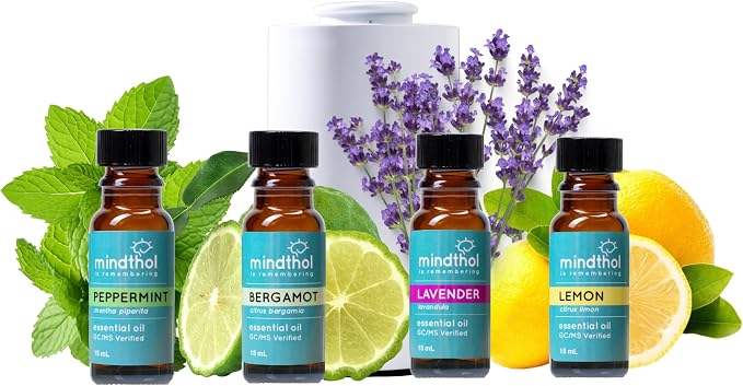 Olfactory Starter Kit – Mini Essential Oil Diffuser with 4 Pure Oils (Peppermint, Lavender, Bergamot, Lemon) – Daily Scent Routine for Focus, Calm & Sleep – Aromatherapy Wellness Set