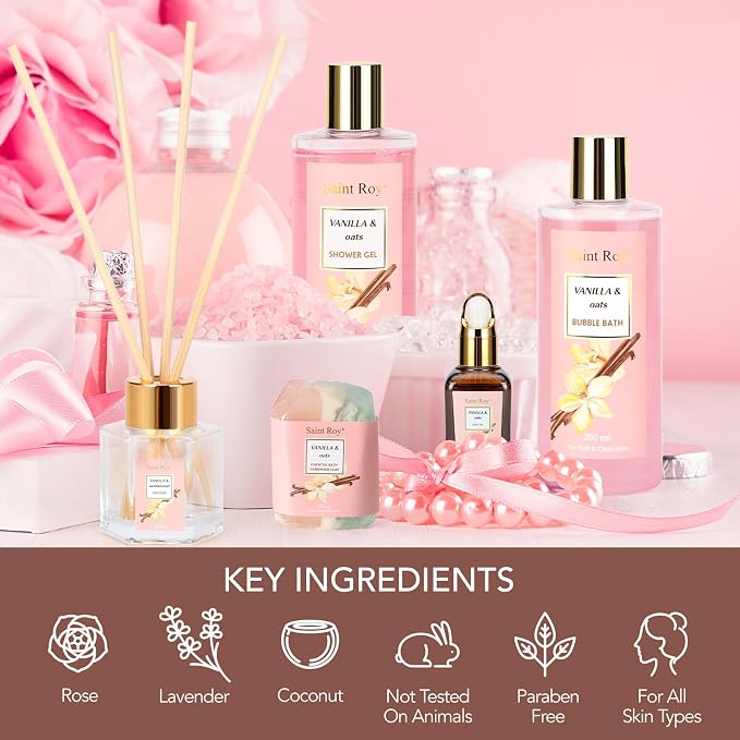 Bath & Body Gift Basket, Self-Care Relaxation Set Vanilla Oat for Women | 16Pcs Pink Gifts Basket for Women Enriched essential oil, Home Spa Body Oil, Diffuser, Shower spa kit Mom Pampering Kit