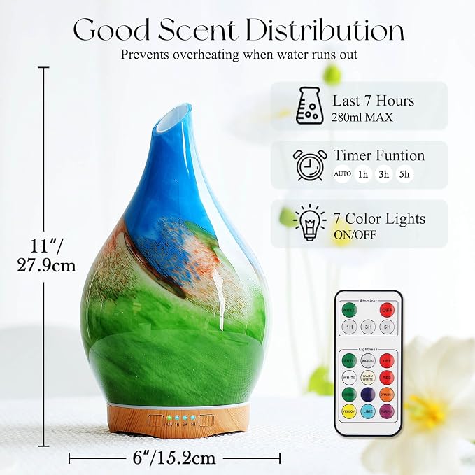 Porseme 280ml Essential Oil Diffuser Glass Color Changing Aroma Air Diffusers Aromatherapy Ultrasonic Cool Mist Humidifier with Remote Control 7 Running Hours Waterless Auto-Off (Blue Grass)