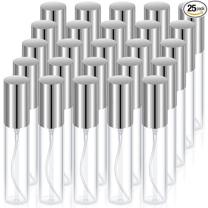 Yinder 25 Pcs 10ml Travel Spray Bottle Refillable Perfume Atomizer Bulk Glass Mini Cologne Perfume Bottles Empty Fine Mist Portable Small Sample Containers(Silver)