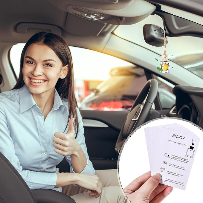 Boao 50 Sets Hanging Car Air Freshener Diffuser Bottles with 2 x 3.54 Inch Car Diffuser Instructions Cards for Empty Essential Oil Bottles(White Card,Flat Square)