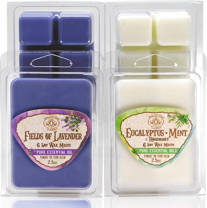 Eucalyptus-Mint and Fields of Lavender Essential Oil Soy Wax Melts/Tarts for Wax Warmers – Long‑Lasting Aromatherapy Wax Melt Cubes, 4 Pack (24 Cubes), Made in USA