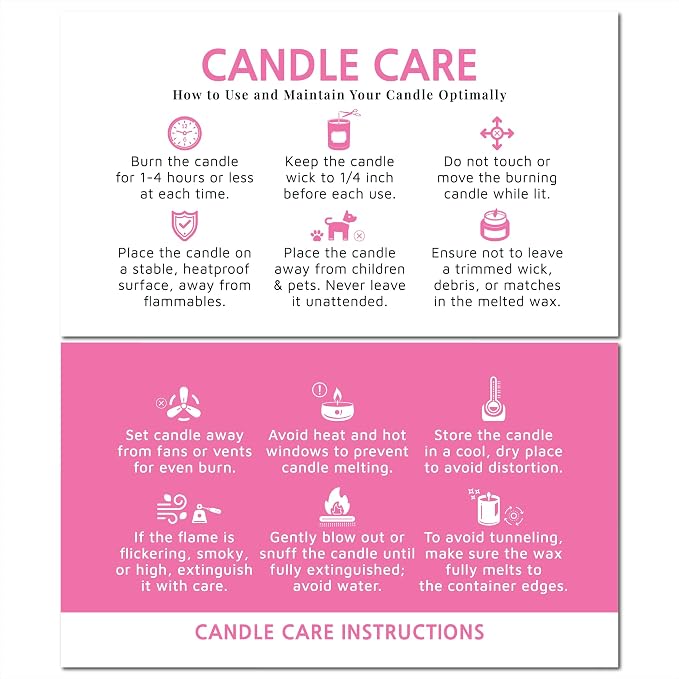 200 pack - Premium Handmade Candle Care Instruction Cards Pink 2x3.5 in, Small Business | Soy Bees Wax Melt, Candle Makers, Making Supplies Kit Set, Containers, Jars, Pot, Package