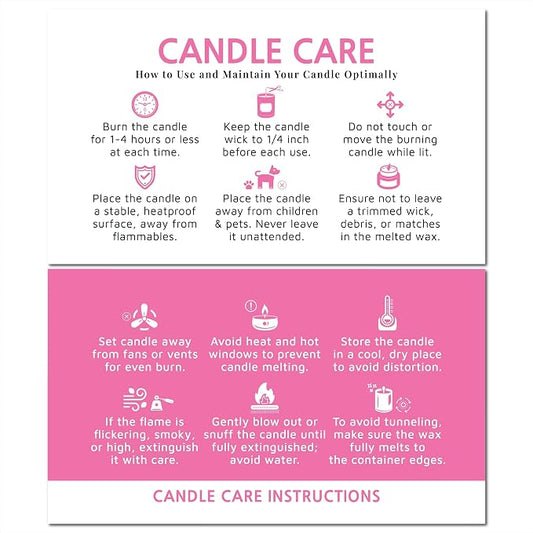100 pack - Premium Handmade Candle Care Instruction Cards Pink 2x3.5 in, Small Business | Soy Bees Wax Melt, Candle Makers, Making Supplies Kit Set, Containers, Jars, Pot, Package
