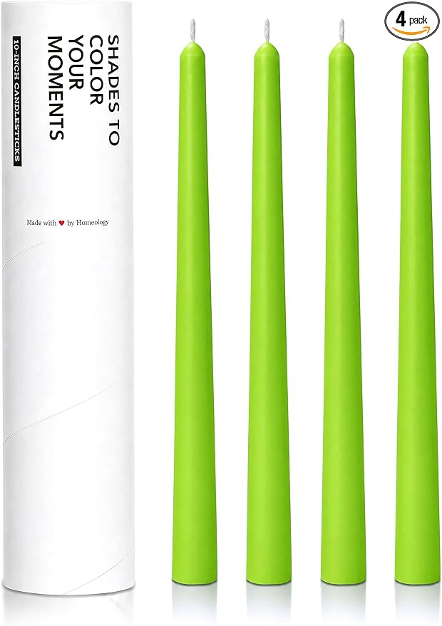 10" Classic Taper Candles, Apple Green, 4-Pack, 7-8 Hours Long Burning, Unscented Tall Candlesticks
