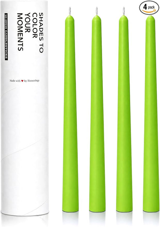 10" Classic Taper Candles, Apple Green, 4-Pack, 7-8 Hours Long Burning, Unscented Tall Candlesticks
