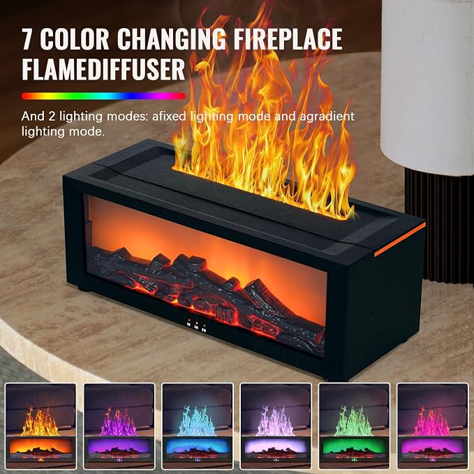 Fireplace Humidifier Diffuser, 7 Colors Flame Diffuser for Essential Oils, Fire Aroma Diffuser with Remote, Ultrasonic Air Humidifiers Aromatherapy Diffuser with Timer for Home, Bedroom, Office, Yoga