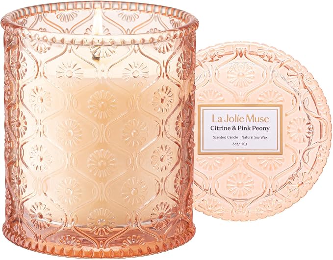 LA JOLIE MUSE Citrine Pink Peony Scented Candles for Home, Soy Wax 40 Hrs | Luxury Jar Candles, Clean Non Toxic, Gift for Women, Decorative Candles for Candle Warmer,Pretty Candle, Floral Citrus