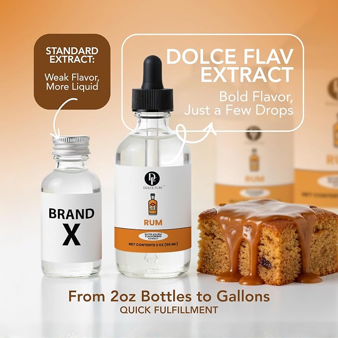 Dolce Flav Natural Rum Extract – 2 Ounce Water-Soluble Kosher, Sugar-Free, Concentrated Dark Rum Flavoring for Baking, Cocktails & Desserts, Includes Measured Dropper