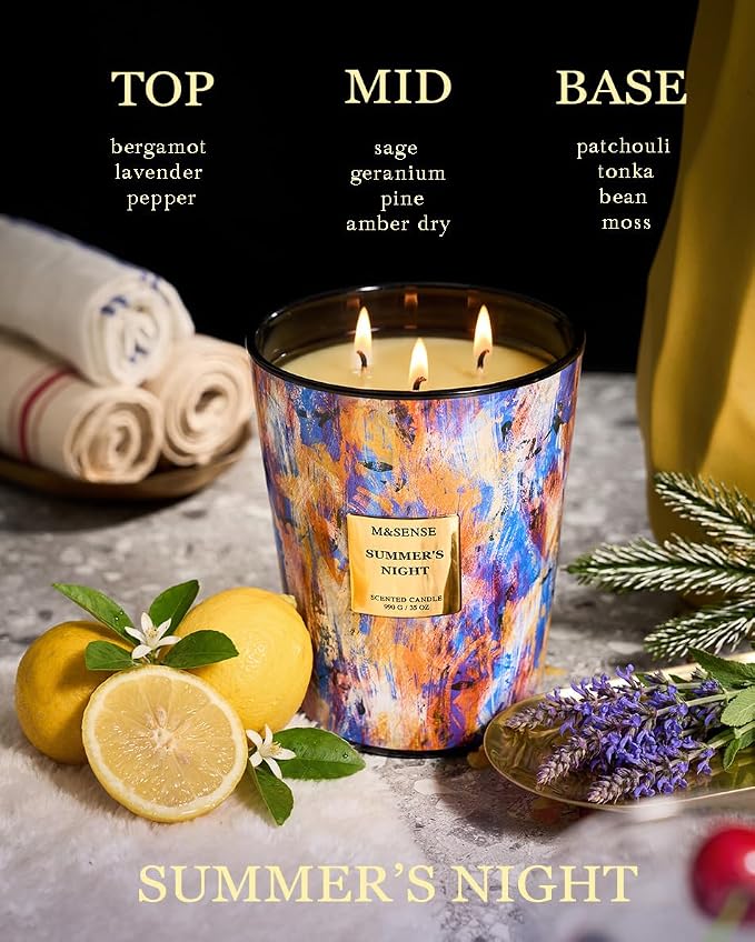 M&SENSE Summer Night Scented Soy Candle, 3-Wick 35oz | 150 Hours Burn Time, Non-Toxic, Calming Stress Relief, Home Scented Decor, Housewarming Gift