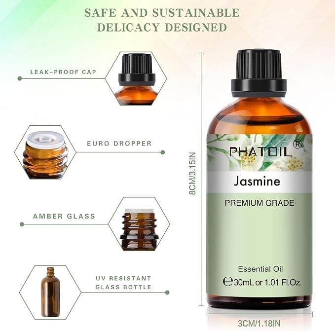 Jasmine Essential Oil 1.01fl.oz/30ml, PHATOIL Jasmine Oils Long Lasting Scents for Aromatherapy, Diffuser, DIY Soap and Candle Making