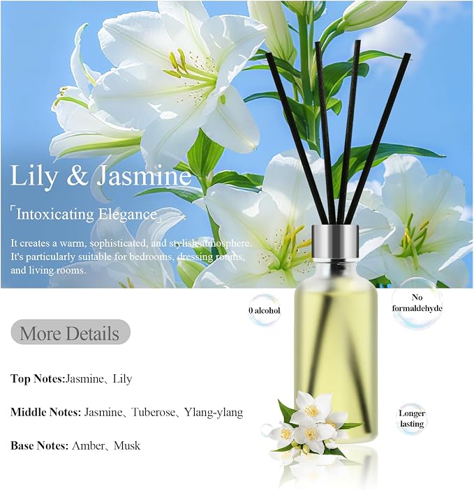CALMORA Reed Diffuser Set of 3, 50ml Lily & Jasmine/White Tea/Amber Scented Oil Diffuser with 15 Sticks | Home Fragrance for Bedroom, Bathroom, Office & Living Room for Women Men