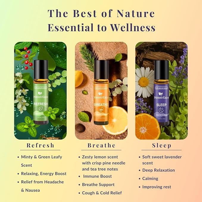 Therapeutic Grade Essential Oils Roll-On Set with Gift Box (Refresh, Breathe, Sleep), Natural Energy Boost, Head Comfort, Deep Relaxation, Sleep Support, Clear Breathing, Self-Care Gift, 3x10ml